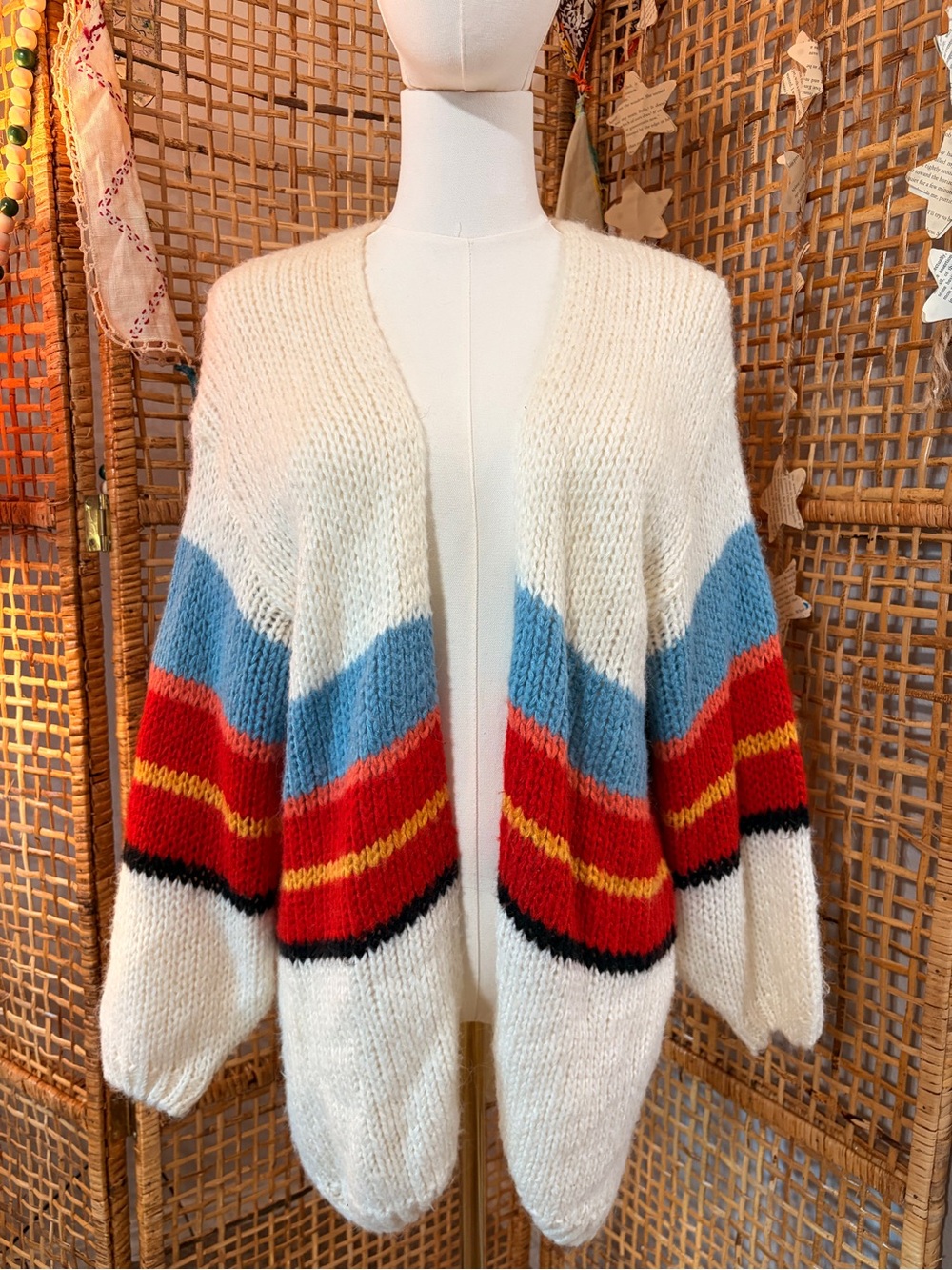 Trendy boutique Cream Open-Front Cardigan with Red and Blue Stripes
